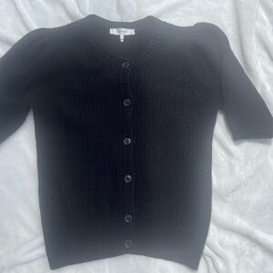 Frame Denim Black Short-Sleeve Ribbed Button-Up Cardigan